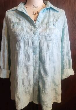 lightweight Aqua blue Crinkle Gauze Collared 3/4 Sleeve Button tab Top Shirt